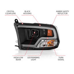Projector Headlights for Dodge Ram & Ram 1500 (2009-2023) dimension diagram, ANZO USA 111404