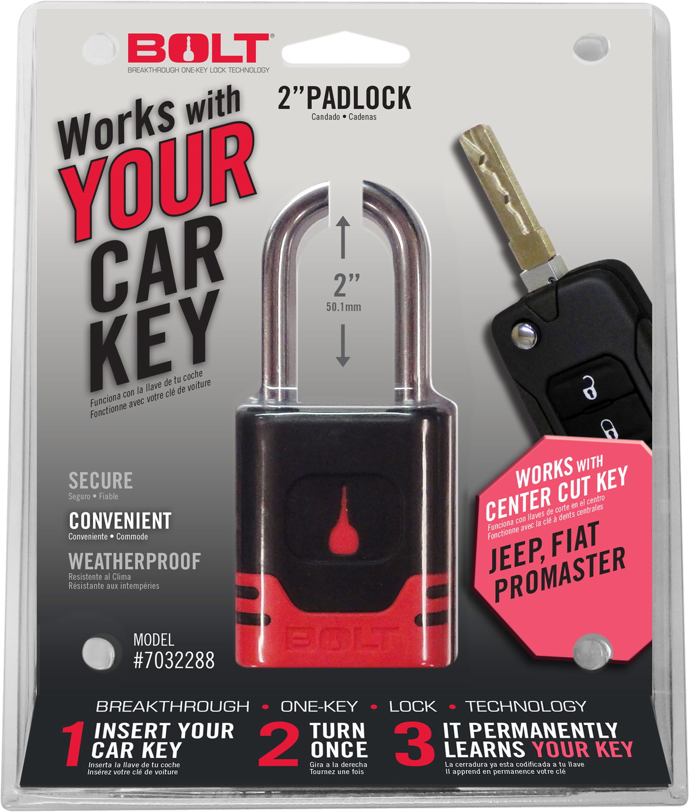 BOLT Padlock for Jeep Center Cut Key Family