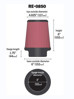 K&N Universal Clamp-On Air Filter RE-0850, view 3