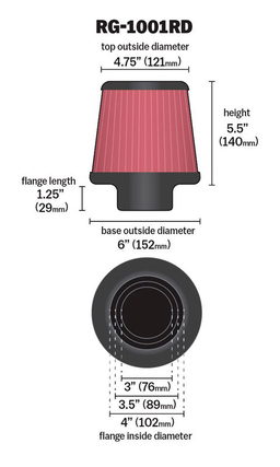 K&N Universal Clamp-On Air Filter RG-1001RD, view 6