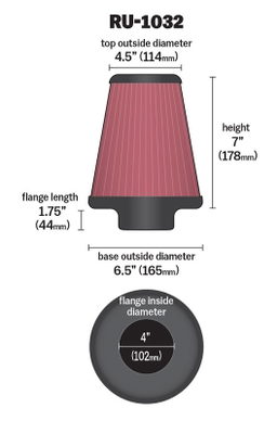 K&N Universal Clamp-On Air Filter RU-1032, view 3