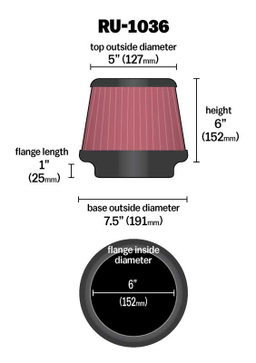 K&N Universal Clamp-On Air Filter RU-1036, view 4