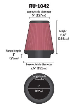 K&N Universal Clamp-On Air Filter RU-1042, view 4