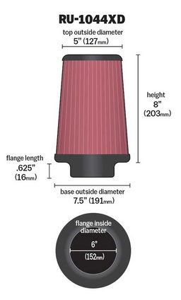 K&N Universal Clamp-On Air Filter RU-1044XD, view 3