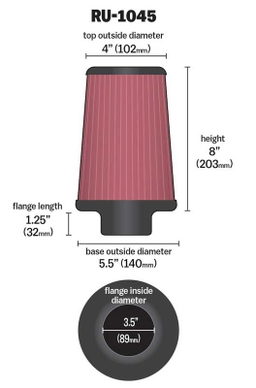 K&N Universal Clamp-On Air Filter RU-1045, view 4