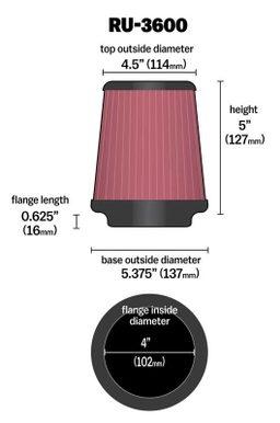 K&N Universal Clamp-On Air Filter RU-3600, view 5