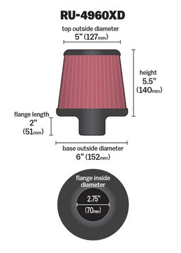 K&N Universal Clamp-On Air Filter RU-4960XD, view 2