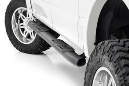 Oval Nerf Steps with 4.5-Inch Step Pad, No-Drill Install shown installed, Rough Country 21005