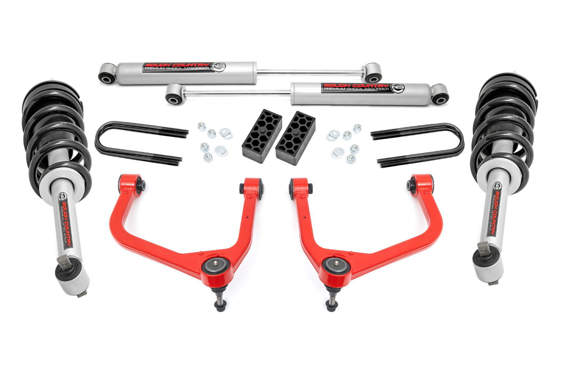 Rough Country 3.5-Inch Lift Kit, N3 Shocks and Red Arms, 2025 Silverado