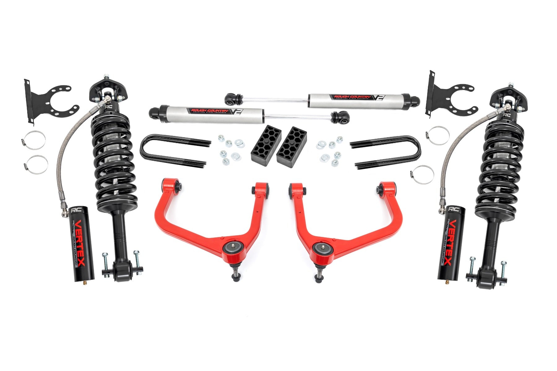 Rough Country 3.5-Inch Lift Kit, Vertex Front and V2 Rear, Red Forged Arms