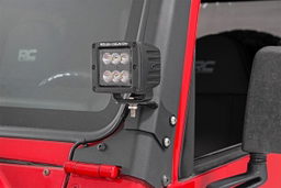 Lower Windshield LED Light Mounts for Jeep Wrangler 4WD (1997-2006) shown installed, Rough Country 70046