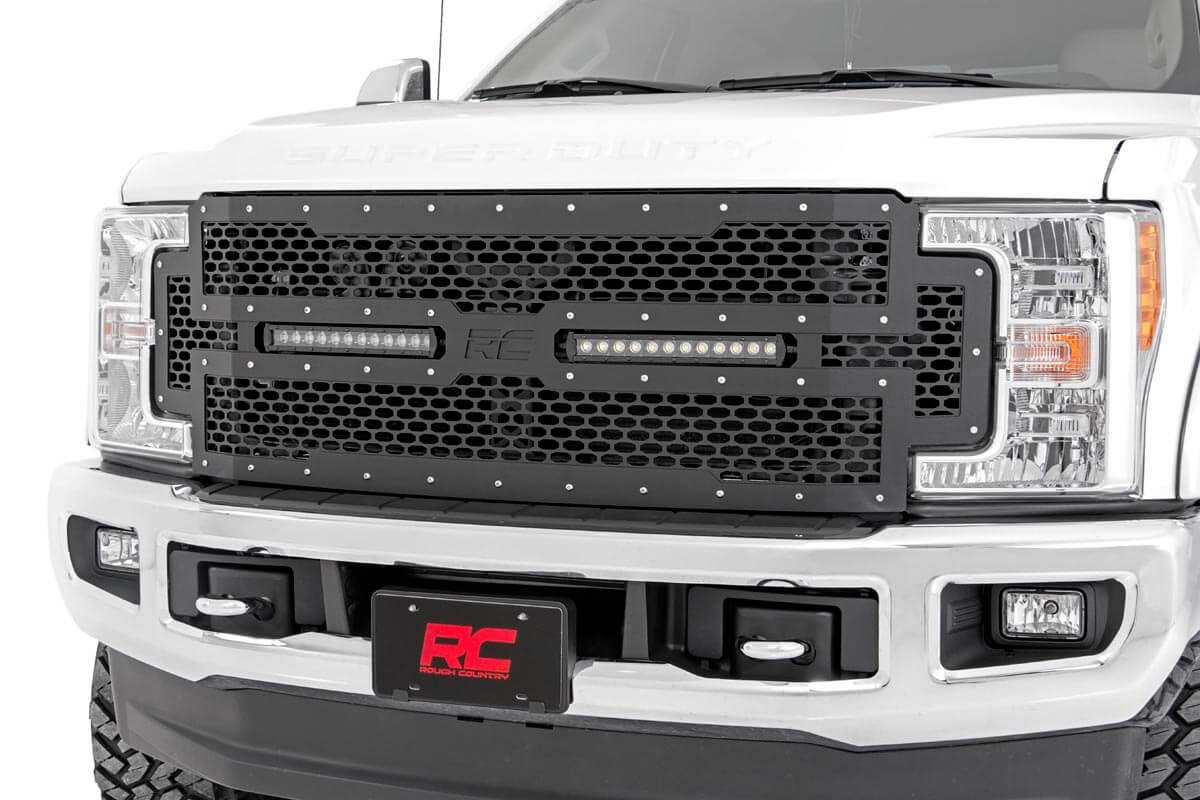 Rough Country Mesh Grille with Dual 12-Inch LED Bars for Ford Super Duty