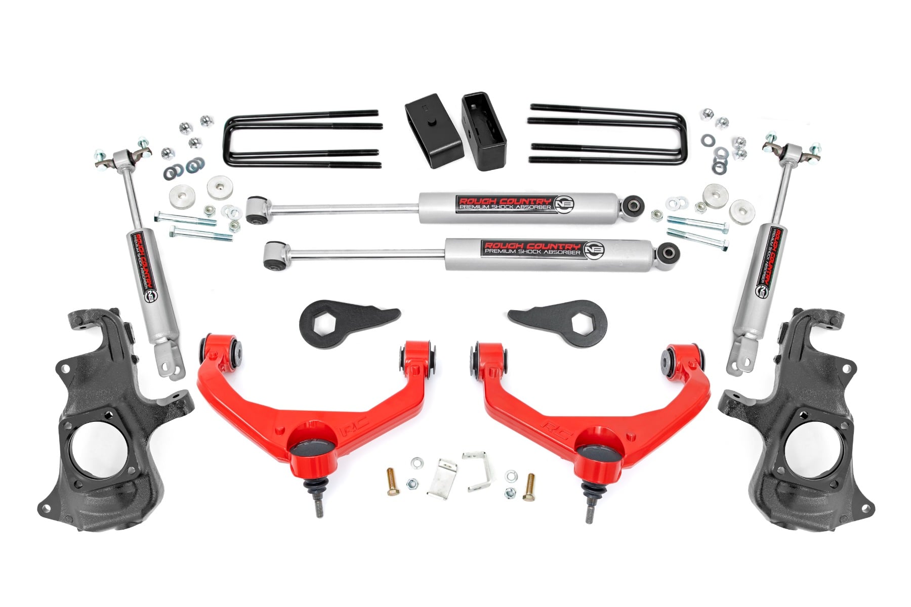 Rough Country 3.5-Inch Lift Kit with Red Forged Upper Control Arms for Silverado HD