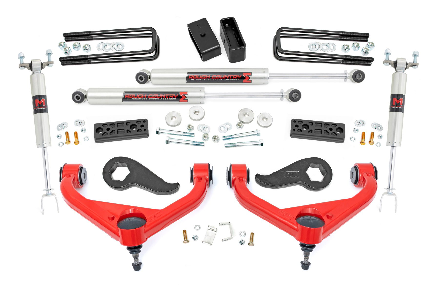 Rough Country 3 in. Lift Kit with M1 Shock for Silverado/Sierra HD (2020-2025) — Red